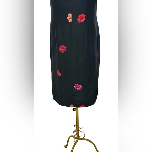 Talbots Silk Black Sheath Midi Dress w/ Rose Floral Print & Back Zipper, Size 6 - Picture 11 of 16